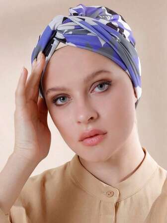 Pañuelo musulmán para mujer, turbante casual estampado de poliéster