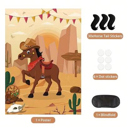 一套“给马贴尾巴”游戏，含30个尾巴，大型西部牛仔马匹游戏海报，配有眼罩，适用于牛仔派对、西部生日派对、嘉年华派对用品，复古牛仔竞技主题生日派对、宝贝迎婴派对趣味活动装饰