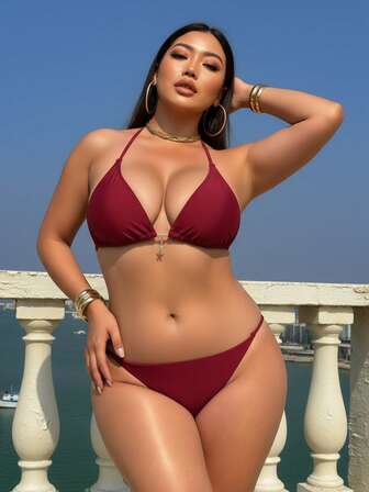 Latest Plus Size Solid Color Sexy Bikini 2 Pieces Set, Beach & Swimming, Summer