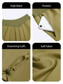 Womens Athletic Wide Leg Track Pants High Waist Drawstring Cuffs Loose Fit Workout Jogger Outdoor Lounge Pants With Pockets - xanh quân đội - Xem 6