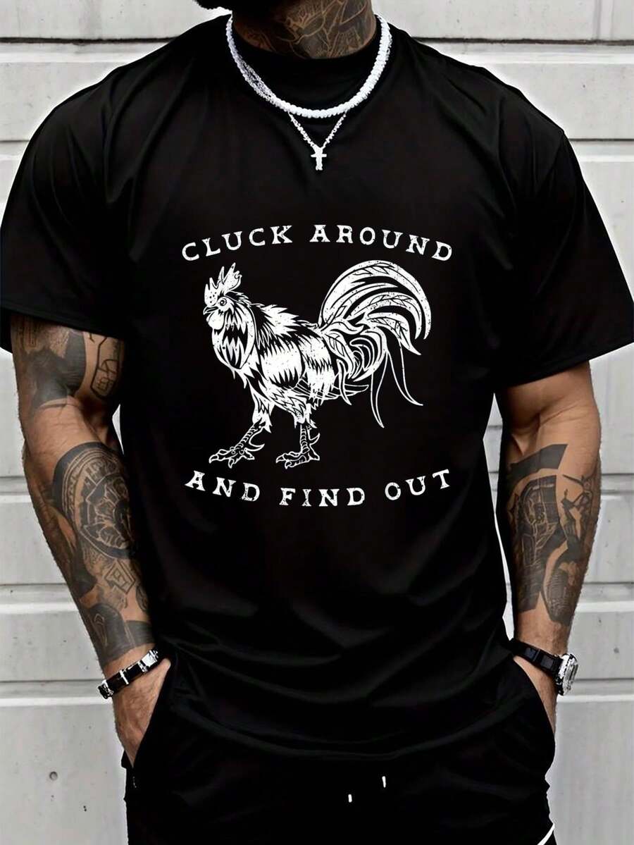 100% Cotton Cluck Around And Find Out Funny Chicken Adult Humor T-Shirt Street Hip-Hop Style Men's T-Shirt - màu đen - Xem 1