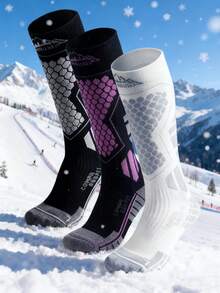 1 Pair Of Winter Sports Socks. Warm And Thick Long Socks Suitable For Both Men And Women. Perfect For Skiing, Skating And Mountain Climbing (White/Black/Purple)
