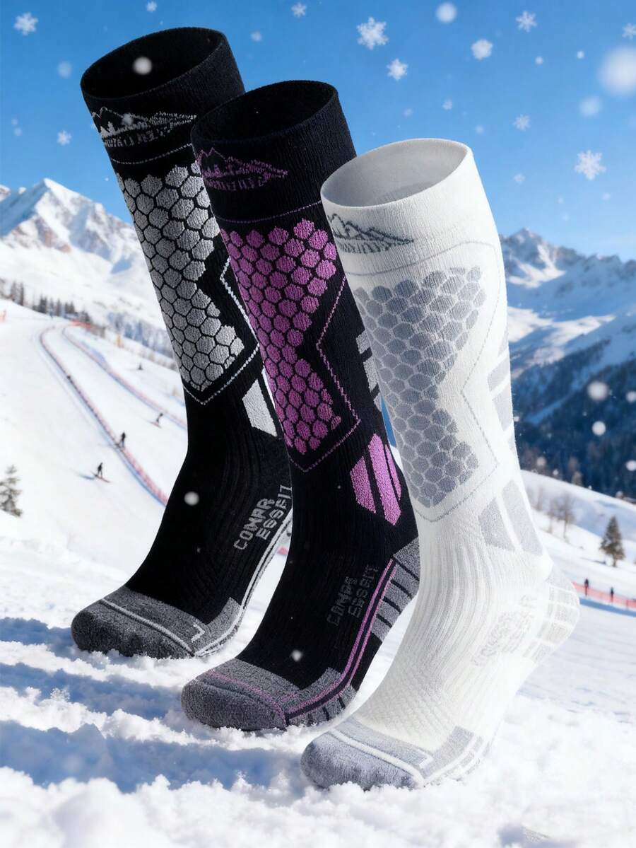 1 Pair Of Winter Sports Socks. Warm And Thick Long Socks Suitable For Both Men And Women. Perfect For Skiing, Skating And Mountain Climbing (White/Black/Purple)