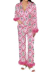 Women Feather Trim Silk Satin Pajama Set Christmas Button Down Shirts And Pants Outfit Sleepwear Loungewear - Hồng - Xem 1