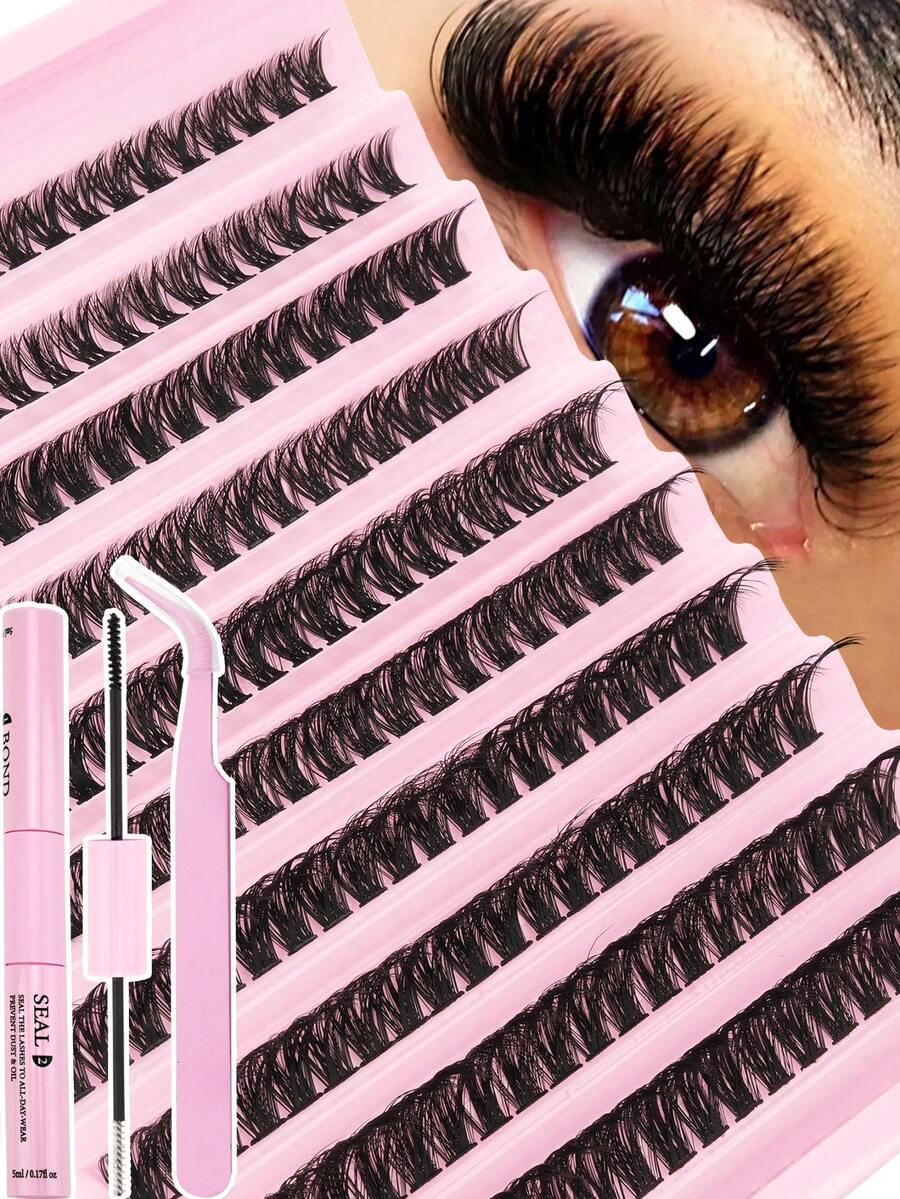 200pcs Dramatic Eyelashes Set, D Curl, Mixed Length 8-16mm, Natural Soft Faux Mink Hair, Single Fluffy DIY Cluster Eyelashes, Comes With Eyelash Adhesive Kit, Subdivided Eyelash Extensions, Makeup Eyelash Clusters, Eyelash Clusters, Single Eyelashes, False Eyelashes, Suitable For Daily Wear, Christmas, Halloween, Etc. - 黑色 - 查看 1