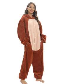 Cute Unisex Fleece Adult Monkey Costume Pajamas, Button Plush Animal One Piece Sleepwear Loungewear - Monkey - 查看 2