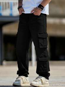 Men's Retro Flared Jeans, Slim Fit Multi-Pocket Rugged Cargo Pants, Fashionable - Black - View 6