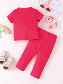 Baby GirlFashionable Cute Unicorn Print Short Sleeve T-Shirt And Pants Set, Spring/Summer/Autumn - Red - View 2