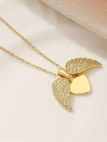 1pc Stainless Steel Micro-Inlaid Zirconia Heart Wing Openable Pendant Necklace, Elegant Luxury Niche Design Clavicle Chain - Gold - View 2