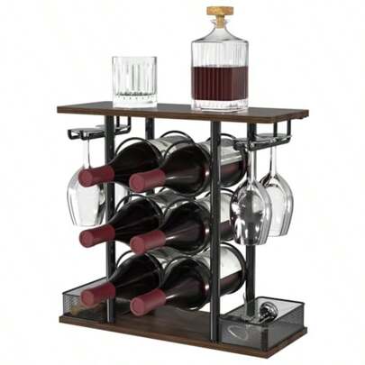 Wine Rack Sturdy Holder 3 Tier Wood And Metal Racks Counertop Easy Assembly Wine Bottle Holder For 6 Bottles And 4 Glasses For Home 6.29" D X 16.14" W X 15.82" H
