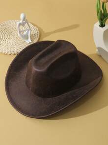 1pc Unisex Cattle Head & Belt Decor Handmade Panama Hat Wide Brim Cowboy Hat PU Cowgirl Hat Ridge Western Suitable Soft Felt Hat Fedora Hat - Coffee Brown - View 3