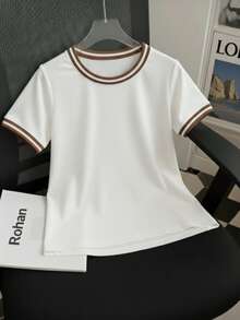 Women's Short-Sleeve Ribbed Blouse, Plain, Round Neck With Collar And Sleeve Details, Elegant Basic Style - White - View 1