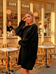 1pc Loose Solid Ribbed Knit Pullover Sweater Dress, Casual Everyday Wear, Autumn/Winter - Black - View 5