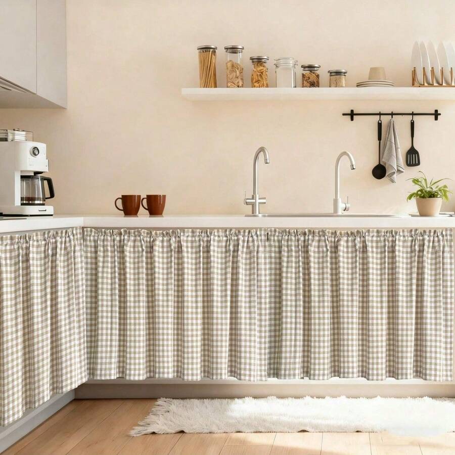 1PC/2PCS Japanese Minimalist Style Two-Color Plaid Short Curtain, Small Window Curtains For Kitchen, Cafe Style Half Curtains, No Drill Tension Rod Curtains, Compact Size For Small Kitchens