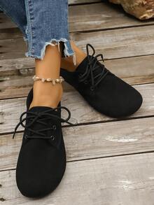 新款系带尖头女士平底鞋，透气豹纹休闲鞋，橡胶软底 - 黑色 - 查看 2