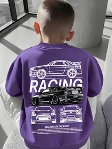 青少年男童休闲简约男孩趣味酷炫跑车字母图案套头衫圆领长袖毛衣男童秋冬新款