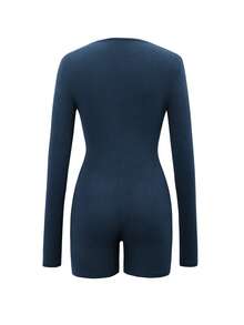 Vaiaye Women's Deep V Solid Color Minimalist Jumpsuit - Fitted Long Sleeve Top And Shorts, Suitable For Fitness, Sexy Multifunctional Outdoor Sports, Graduation Ceremony, Back To School Season, Spring/Summer Long Sleeve Ribbed Knit Jumpsuit - Navy Blue - View 4
