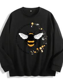 Bee Print Sweatshirt, Long Sleeve Crew Neck Casual Sweatshirt For Fall & Spring, Women's Clothing Christmas Outfit Women Christmas Sweatshirt Fall Clothes For Women Winter Clothes For Women Christmas Decor - 黑色 - 查看 1