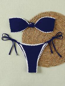 女士优雅复古波浪边饰抹胸系带比基尼套装，高端度假泳装，海军蓝 - 寶藍色 - 查看 3