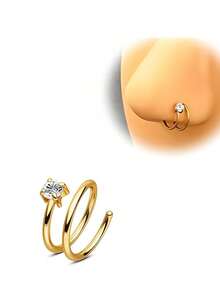 1 Peça de Anel de Nariz de Zircônia Cúbica de Aço Inoxidável, Adequado para Mulheres - Anel de Nariz Dourado de Duplo Anel, Estilo Elegante e Fofo, Adequado para Uso Diário ou Presente, Acessório de Ação de Graças, Anel de Nariz, Jóia Durável, Anel de Nariz, Pino de Nariz - Dourado - Visão 5