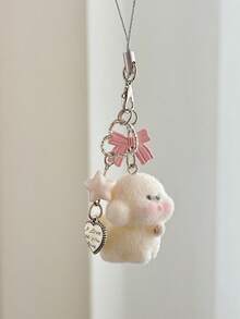 Adorable Flocked Bear Phone Strap & Keychain - Soft Flocked Fur With Heart-Shaped Bow And Expressive Eyes, Soft Pink And White, Reliable Clip-On Accessories For Bags, Keys, Backpacks, And Car Keys - Perfect Girl Gift, Daily Accessory (No Batteries/No Electronic Components) - Cute Flocked Bear With Heart-Shaped Ears And Bow, Black Clip, Versatile For Bags And Keys, Enchanting Women's Gift And Women's Accessories