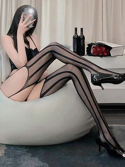 FEE ET MOI Sexy Fishnet Bodysuit Sheer Lingerie For Women, Plus Size Lace Mesh Teddy One Piece Jumpsuit, Garter Stockings