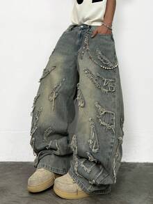 1 chiếc quần jeans dáng rộng phong cách đường phố Mỹ cổ điển, thêu họa tiết, kiểu dáng thường ngày, đa năng, phù hợp mọi mùa (Sản phẩm không bao gồm thắt lưng và phụ kiện) - Màu xanh lam - Xem 8