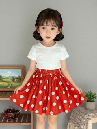 女童波尔卡圆点层叠荷叶边半身裙，优雅公主风，夏季