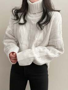女士宽松舒适高领纯色落肩长袖毛衣 - 白色 - 查看 4