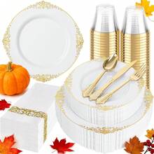 175 piezas de platos de plástico blancos y dorados - Elegante juego de vajilla desechable adecuado para 25 invitados, incluye platos de cena de 10.25 y platos de postre de.5, cubiertos, servilletas y vasos para fiestas y Acción de Gracias - Oro blanco y rosa - Ver 10