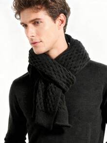 男士休闲百搭黑色围巾，1条装，适合冬季、日常通勤、商务出行 - A - 查看 2