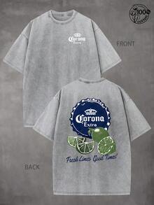 Corona Extra "Fresh Limes Good Times" T-Shirt, Retro Washed T-Shirt With Double-Sided Printed (230G Pure Cotton T-Shirt),Crew Neck, Short Sleeves,Casual Wear With Design, Men's Fall Clothes, Vintage T-Shirt,Unisex Graphic Tee,Men Gifts - 灰色 - 查看 1