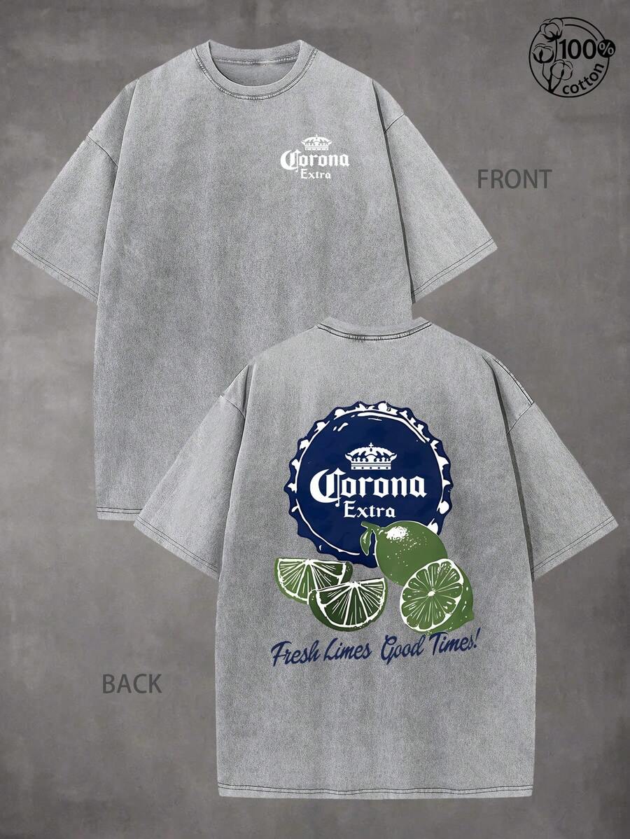 Corona Extra "Fresh Limes Good Times" T-Shirt, Retro Washed T-Shirt With Double-Sided Printed (230G Pure Cotton T-Shirt),Crew Neck, Short Sleeves,Casual Wear With Design, Men's Fall Clothes, Vintage T-Shirt,Unisex Graphic Tee,Men Gifts - 灰色 - 查看 1