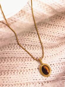 1 件复古椭圆形黑白棕色宝石吊坠项链 18K 镀金不锈钢小巧可爱吊坠项链女士珠宝礼物