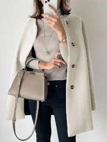 Plus Size Mid-Length Coat, Front Button Closure, Round Neck, Long Sleeve, Solid Color Woolen Coat, Autumn/Winter Bestseller - Beige - View 3