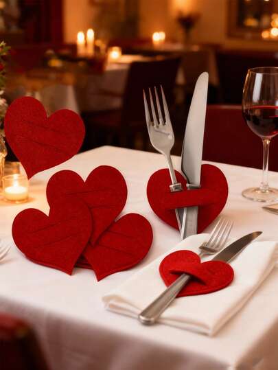 Red Heart-Shaped Felt Cutlery Set, Red Heart-Shaped Felt Napkin Placemat, Red Heart-Shaped Valentine's Day Table Setting.