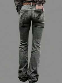 Women's Personalized Back Pocket Embroidery Design Flare Stretch Jeans - Black and Gray Embroidery - View 1