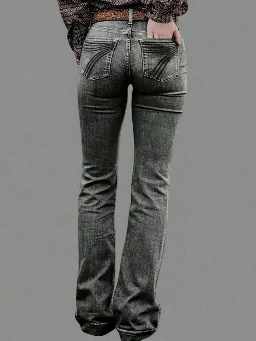 Women's Personalized Back Pocket Embroidery Design Flare Stretch Jeans - Black and Gray Embroidery - View 1