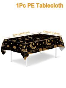 1 pieza Mantel negro y dorado Eid Mubarak, mantel desechable de PE de 220*130cm, mantel Eid Mubarak con patrón de estrellas y lunas doradas, suministros para fiestas de Eid, decoraciones de Ramadán, decoración para reuniones islámicas de Ramadán, decoraciones de Eid Al-Fitr, decoración del hogar de Ramadán, decoración de la mesa de comedor de Eid, decoración de cocina, regalo de Ramadán - oro negro - Ver 9