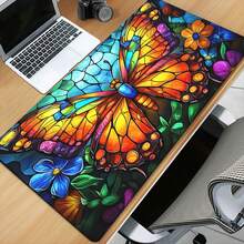 1pc Extra Large Stained Glass Butterfly Gaming Desk Mat & Mouse Pad - Gothic/Vibrant Mosaic PC Computer Surface With Anti-Slip Rubber Base, Locked Edges, Multicolor Stained Glass Design For Office & PC/Laptop Workstations (Butterfly - 35.4x15.7吋(90x40公分) - 查看 2