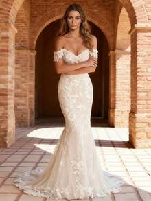 Elegant Romantic Mermaid Wedding Dress For Bride, Off-The-Shoulder Lace Applique Tulle Evening Party Dress Bridal Gowns,Romantic Church Ceremony Wedding Dress,Suitable For Wedding,Party,Singles' Party,Vacation,Bride,Formal Occasions,Dinner Dress,Prom Dress,Homecoming Dress,Cocktail Party - 白色 - 查看 6