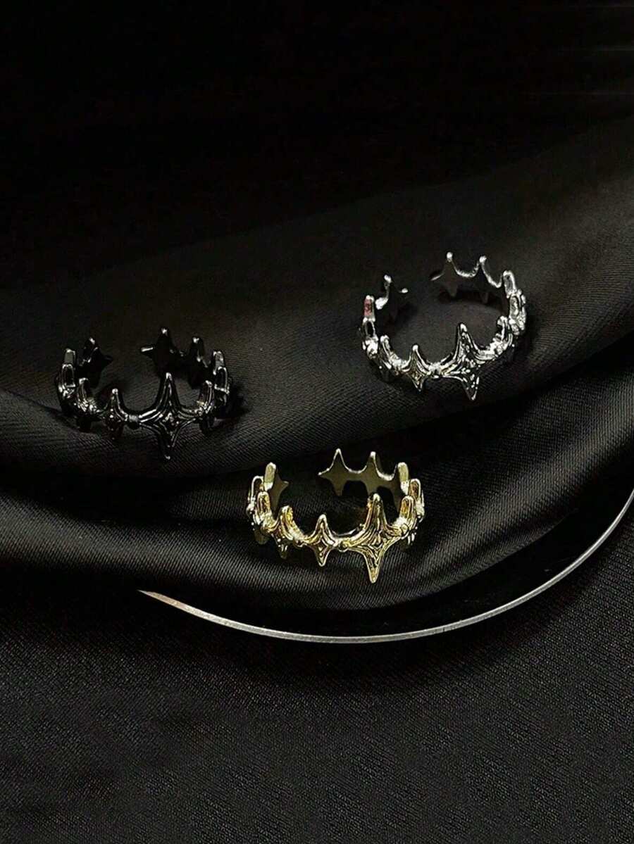 一体式时尚可调节开口戒指，星爆骷髅头设计，男女皆宜的简约青少年情侣戒指 - 彩色 - 查看 1
