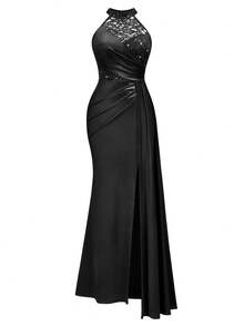 Halter Neck Sequin Floral Lace Contrast Satin Draped Side Split Thigh Evening Party Maxi Dress - 黑色 - 查看 7