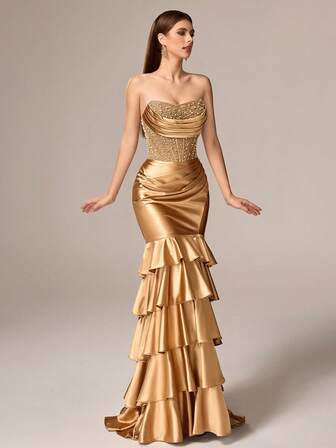 VIPGIRL Elegant Luxury Charming Women's Sleeveless, Strapless Long Formal Evening Dress, Multi-Layer Pearl Knit Fabric