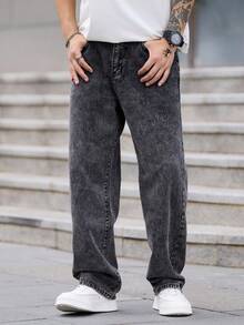 1pc Justice Brother High-End Denim Jeans, Casual Loose Fit Wide Leg Pants, Washed Effect - Grey - View 5