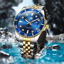 OLEVS Watch For Men Stainless Steel Business Dress Luxury Diamond Big Face Waterproof Mens Watches With Date Analog Wrist Men Watch Reloj Para Hombre Green Dial - golden blue - 查看 3