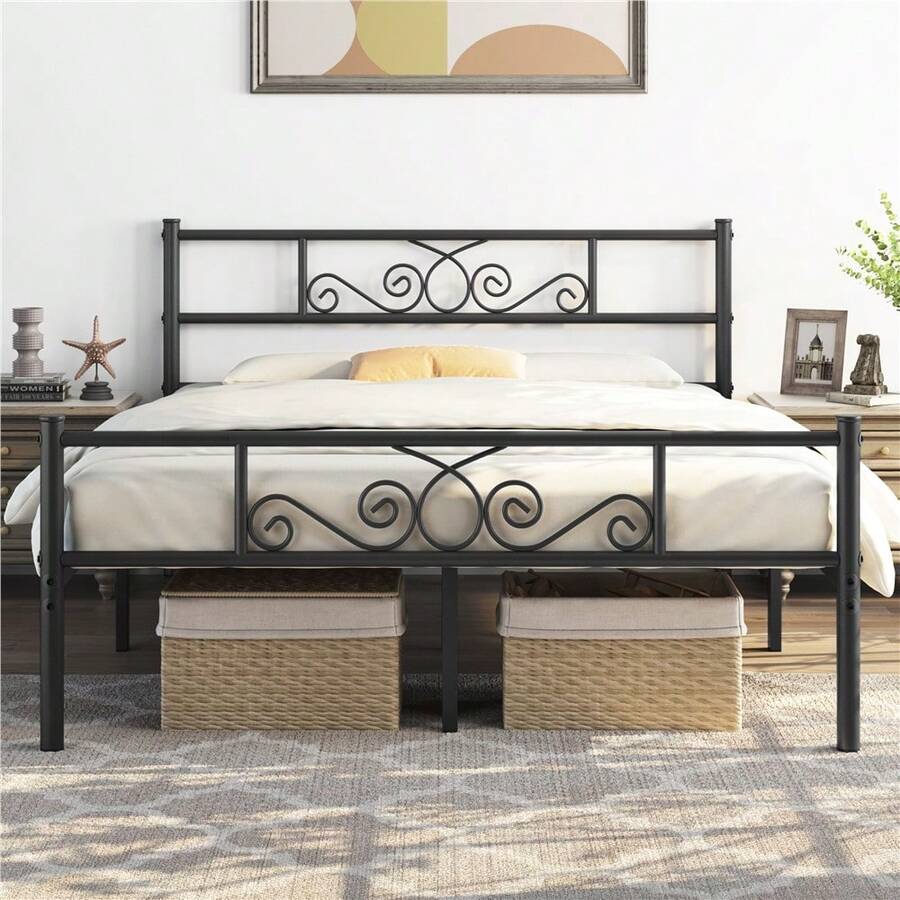 Butterslay Classic Scroll Iron Bed Frame With Headboard & Footboard, Platform Bed For Bedrooms, Dormitories, Guestrooms, Twin/Twin XL/Full/Queen Size - 黑色 - 查看 1