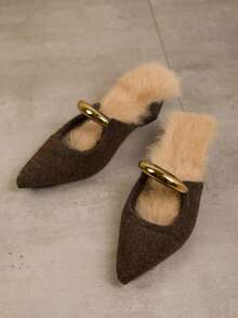 Dép lê mũi nhọn tối giản dành cho nữ, kiểu Pháp, gót chunky, gót trung bình, hở gót, mũi kim loại, đế xuồng. - màu nâu - Xem 8