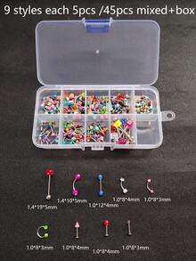 45pcs/Set Stainless Steel Men's Body Piercing Jewelry Assortment - Tongue Rings, Eyebrow Rings, Nose Rings, Lip Rings, 9 Styles 5pcs Each + Box