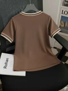 Women's Short-Sleeve Ribbed Blouse, Plain, Round Neck With Collar And Sleeve Details, Elegant Basic Style - Rỉ Nâu - Xem 2